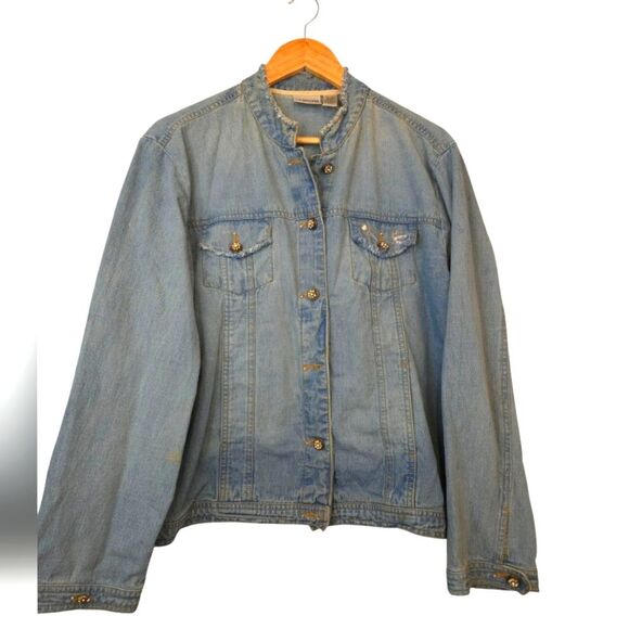 Chico's Vintage Classic Jean Jacket 100% Silk Embroidery Golden Rhinestones - Picture 1 of 16